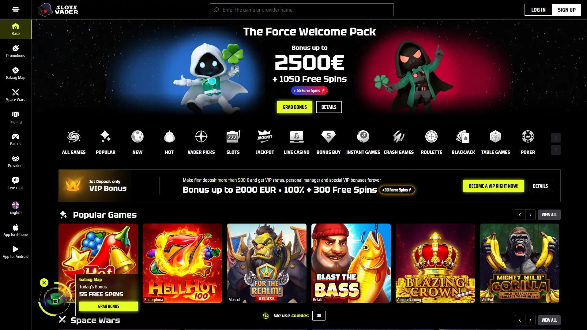 Homepage di SlotsVader Casino con bonus di benvenuto, offerta VIP e slot games più popolari