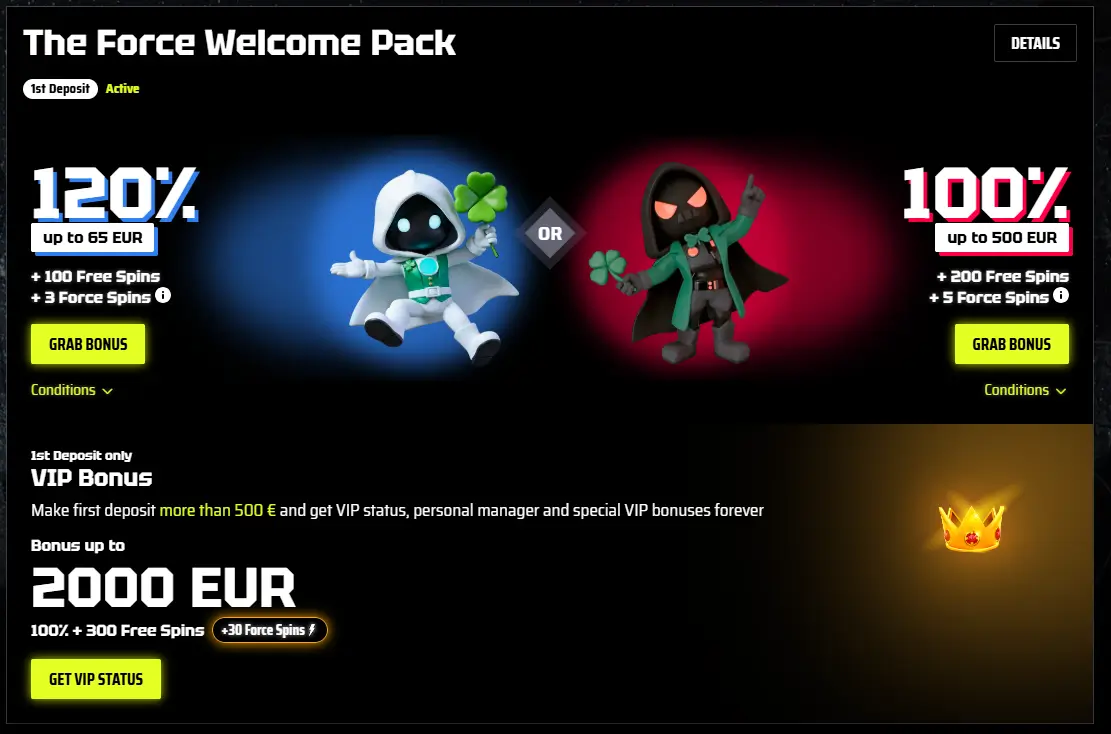 Pacchetto di benvenuto The Force di SlotsVader Casino con giri gratuiti e ricompense VIP